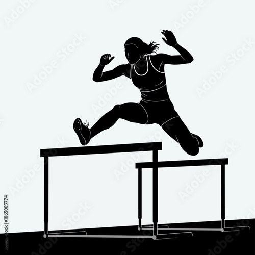 Silhouette of a female athlete jumping over hurdles in a race.