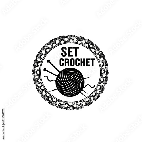 Set Crochet Logo Design with Yarn Ball and Needles in Decorative Frame.