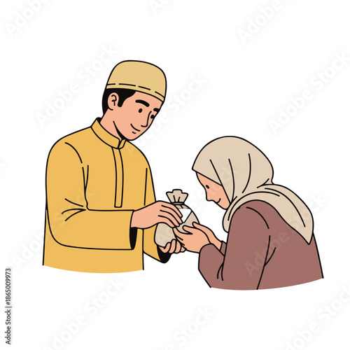 Generous Muslim Man Giving Alms to a Woman, Illustrating Islamic Charity and Community Support During a Festive Period