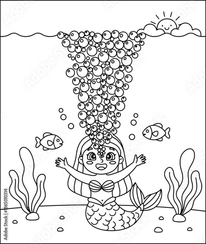 mermaid coloring page line art vector	