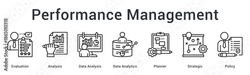 Performance management banner web icon featuring evaluation and analytics with strategic planning and policy frameworks.