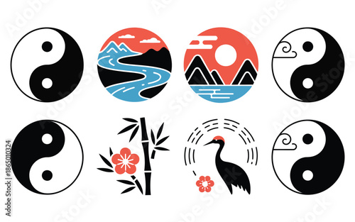 Zen meditation retreat icons, yin yang circles, mountain landscape, bamboo ink strokes, waves, mindfulness event branding, tai chi class vector