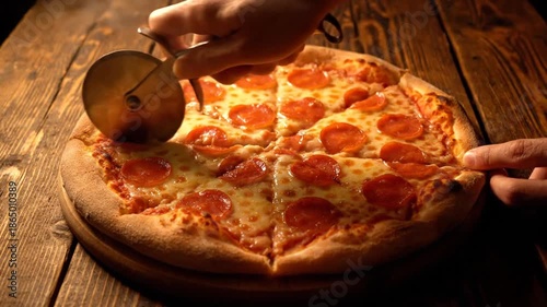 Pepperoni pizza sliced with a pizza cutter on a wooden surface
