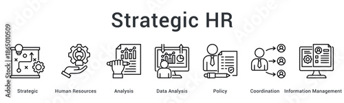 Strategic HR banner web icon integrating analysis and policy coordination with information management for workforce planning.