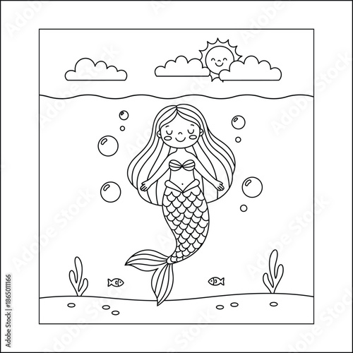 mermaid coloring page line art vector	