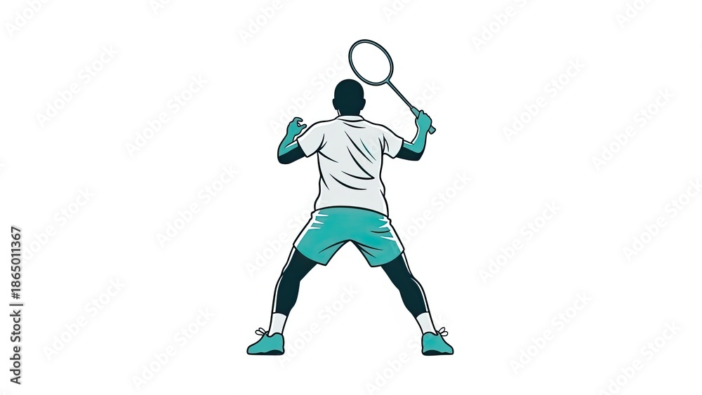 Fototapeta premium Badminton player serving shuttlecock sport activity back view silhouette style