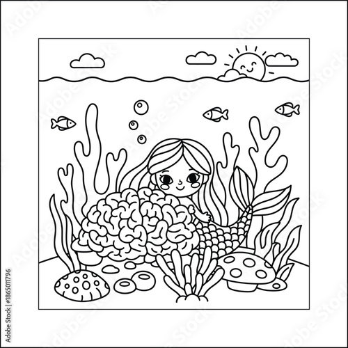 mermaid coloring page line art vector	