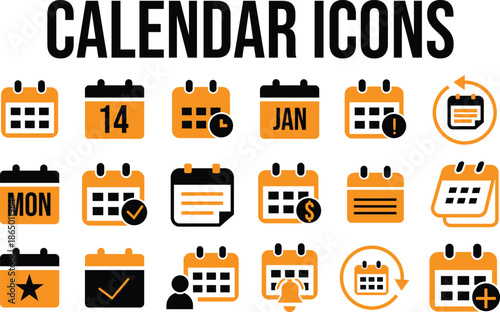 Collection of various black and orange calendar icons displaying dates days months events reminders and scheduling functions for web design