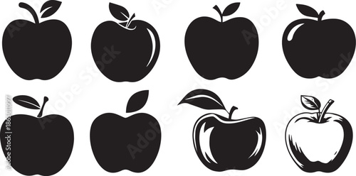 Black Apple Silhouette Icon Set.