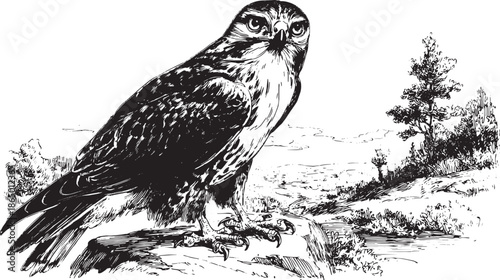 Illustration of a hawk sitting on a rock in a natural landscape. This black and white vector set captures the bird's realistic features.