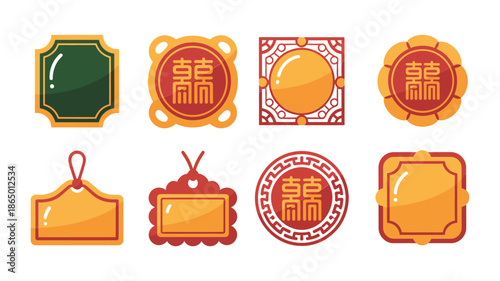 Lunar celebration hanging tags, coin medallion seals, lucky knot labels, red and gold badges, festive packaging sticker vector set