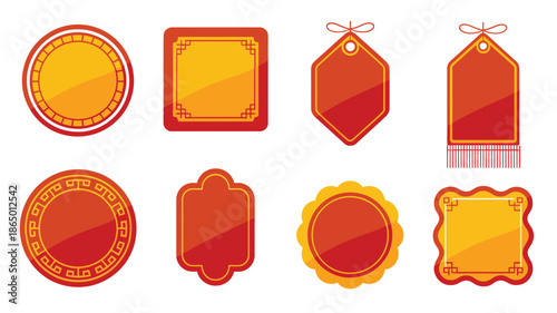 Festival gift tag icons, round and hex labels, hanging ribbons, stitched border badges, red gold palette, holiday packaging vector