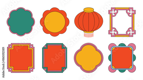 Lunar new year frames vector set with lantern, scallop badge, cloud corner squares, red gold border labels for celebration