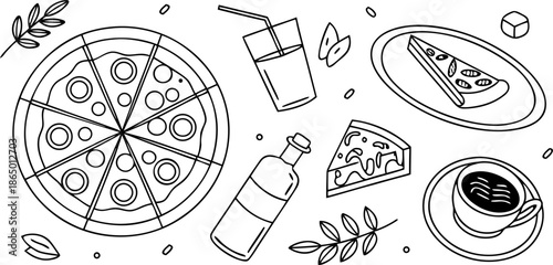 A Delicious Hand-Drawn Illustration of a Full Pizza, Slices, and Drinks, Perfect for Food Blogs and Menus