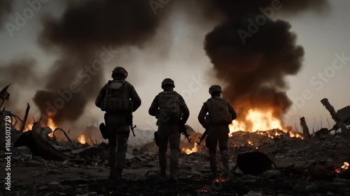 Soldiers walking through smoke and flames