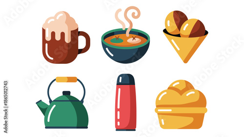 Winter warm drink and street food icons vector illustration set with hot mug, soup bowl, teapot, thermos flask, pastry snack