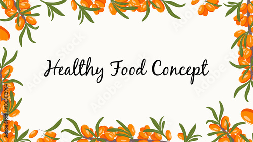 Summer vector banner with sea buckthorn branches, orange berries and green leaves. Botanical frame on white background for web banners, food branding and natural product design.