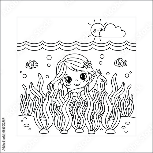 mermaid coloring page line art vector	