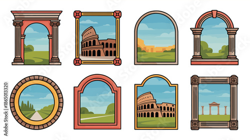 Classic arched window collection with wooden frames, stained glass look, stone texture, scenic views for invitation cards, website headers