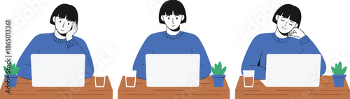 Woman working on laptop illustration set showing different emotions productivity moods and remote work lifestyle situations