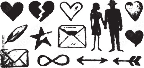 Set of love and relationship doodles in black. Simple vector illustrations depict hearts, envelopes, and a couple holding hands.