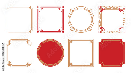 Lunar celebration frame collection, minimal red line borders, round badge, scallop square label, holiday invitation template, printable party signage
