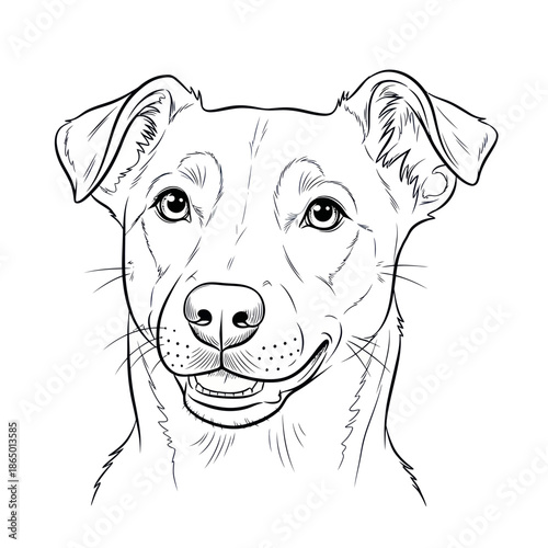 Detailed Line Art Portrait of a Smiling Dog with Expressive Eyes.
