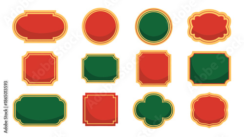 Holiday gift label collection, glossy red green frames, rounded, square, clover, diamond shapes, packaging tags, seasonal greeting sticker design