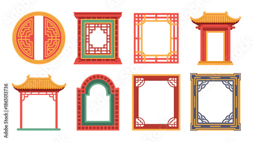 Oriental gate and arch frames set, red gold borders, round and square labels, spring festival invitation, lantern festival greeting card