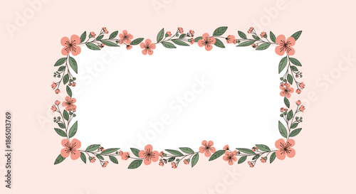 Rectangular floral frame composed of delicate pink blossoms and green leaves set against a soft pale pink background for a gentle design.