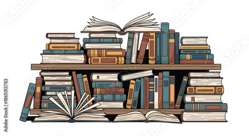 Massive bookshelf filled to capacity with numerous colorful books in different sizes and orientations for library or bookstore themes.