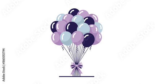 Festive bunch of purple and light blue helium balloons tied together with a decorative ribbon and bow as a celebration centerpiece.