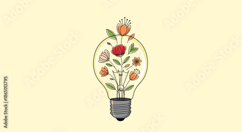 Vibrant lightbulb containing several colorful flowers and green leaves glowing against a warm pale yellow background for creative concepts.