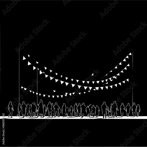 Crowd of people celebrating under festive party flags celebration event gathering silhouette vector art