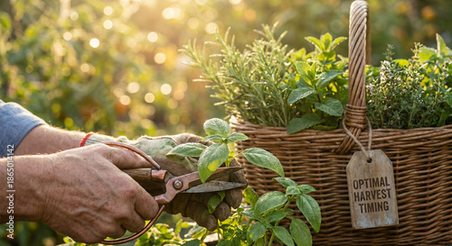 Herb Harvesting at Optimal Time with Fresh Basil and Garden Scissors