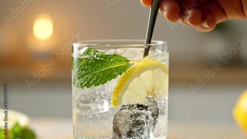 Stirring refreshing beverage with lemon and mint