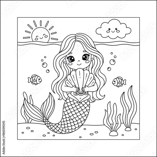 mermaid coloring page line art vector	