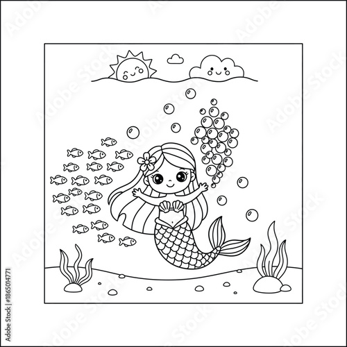 mermaid coloring page line art vector	