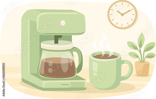 A cup of coffee with a soft green coffee machine. Morning routine and manifesting a healthy life