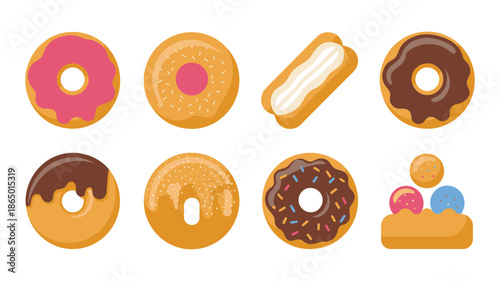 Sweet donut and bun vector collection with filled center, eclair stick, chocolate glaze, sprinkle ring, bakery dessert icon pack