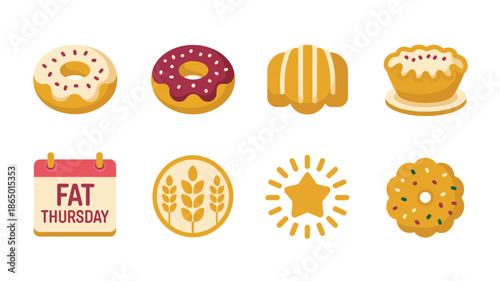 Cute colorful donut and bakery icon set featuring glazed pastries wheat sun symbols Fat Thursday celebration illustration for festive designs