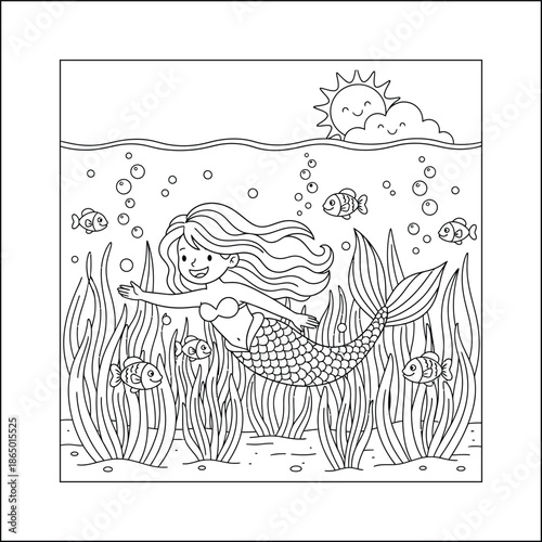 mermaid coloring page line art vector	