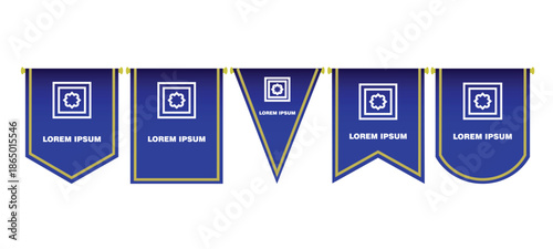 Set of blue pennant flags with gold borders and geometric logo icons. Elegant banner templates for sports, awards, or branding. Vector illustration in different shapes like shield, swallowtail