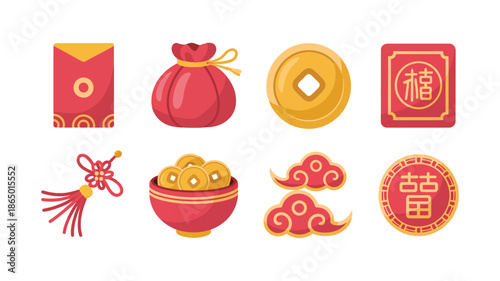Lunar New Year prosperity icons featuring money bag, gold ingot, coin charm, cloud motif, lucky seal and gift tag set