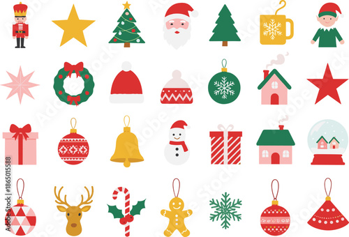 Christmas holiday icon illustration set featuring festive decorations Santa Claus ornaments gifts trees and winter seasonal symbols