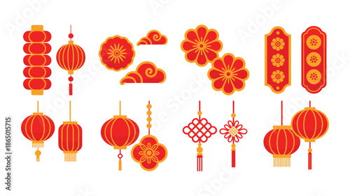 Chinese new year hanging ornaments, round lanterns, floral medallions, tassel knots, lucky tags, festival decoration elements, elegant celebration vector