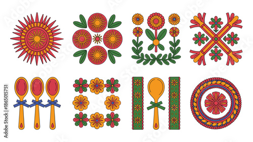 Folk art fiesta elements set, circular floral rosette badges, painted wooden spoons, festival icon pack for invitations, craft fair vector