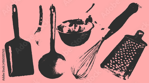 Kitchen utensils set including a bowl, whisk, spatula, ladle, and grater. Simple black vector illustration.