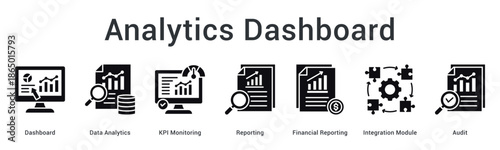 Analytics dashboard banner web icon displays data analytics KPI monitoring reporting and integration audit capabilities.
