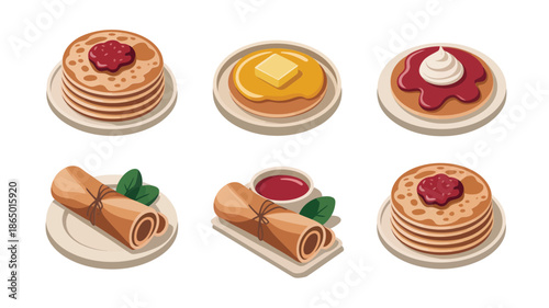 Pancake day icons, blini with butter, jam pancakes, rolled crepes, honey topping, Maslenitsa food festival, Shrove Tuesday celebration, dessert